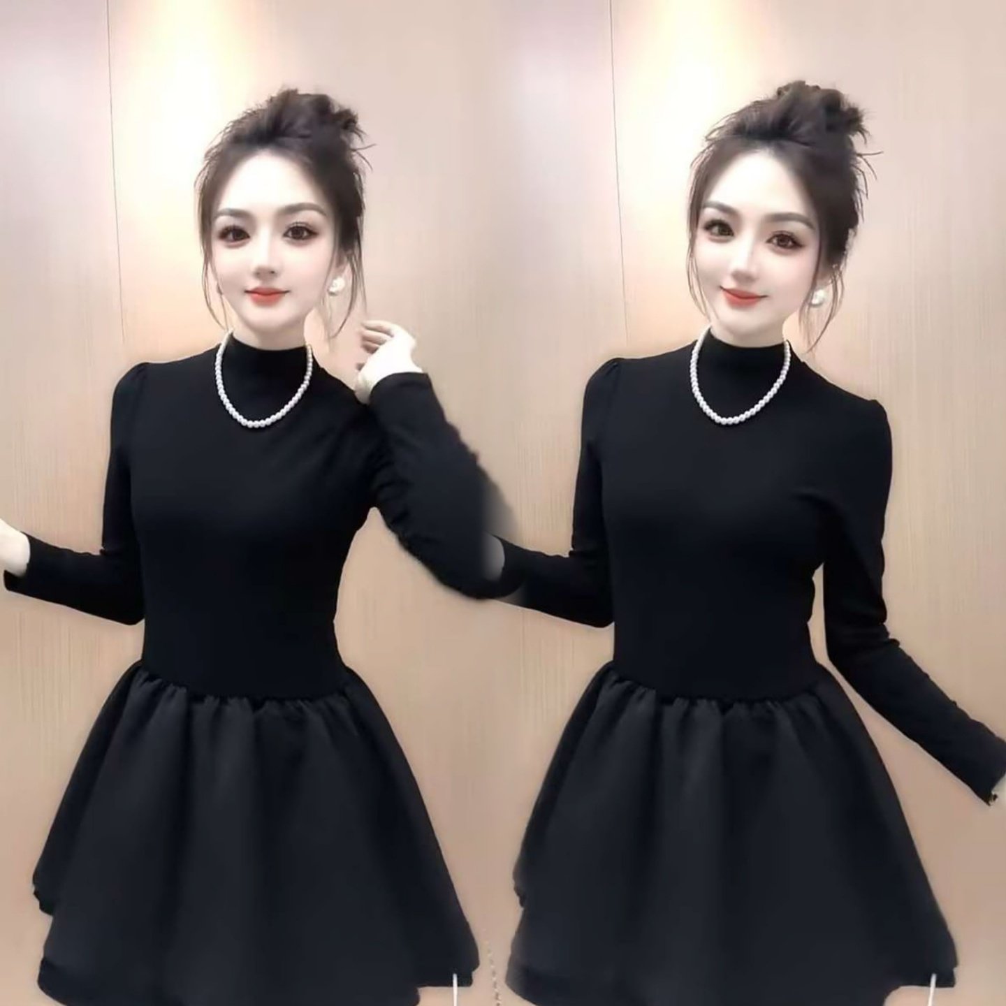 气质纯色高领连衣裙减龄长袖裙子