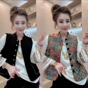 2025新中式秋季提花里衬新款两面穿撞色丝绒国风马甲时髦外套上衣