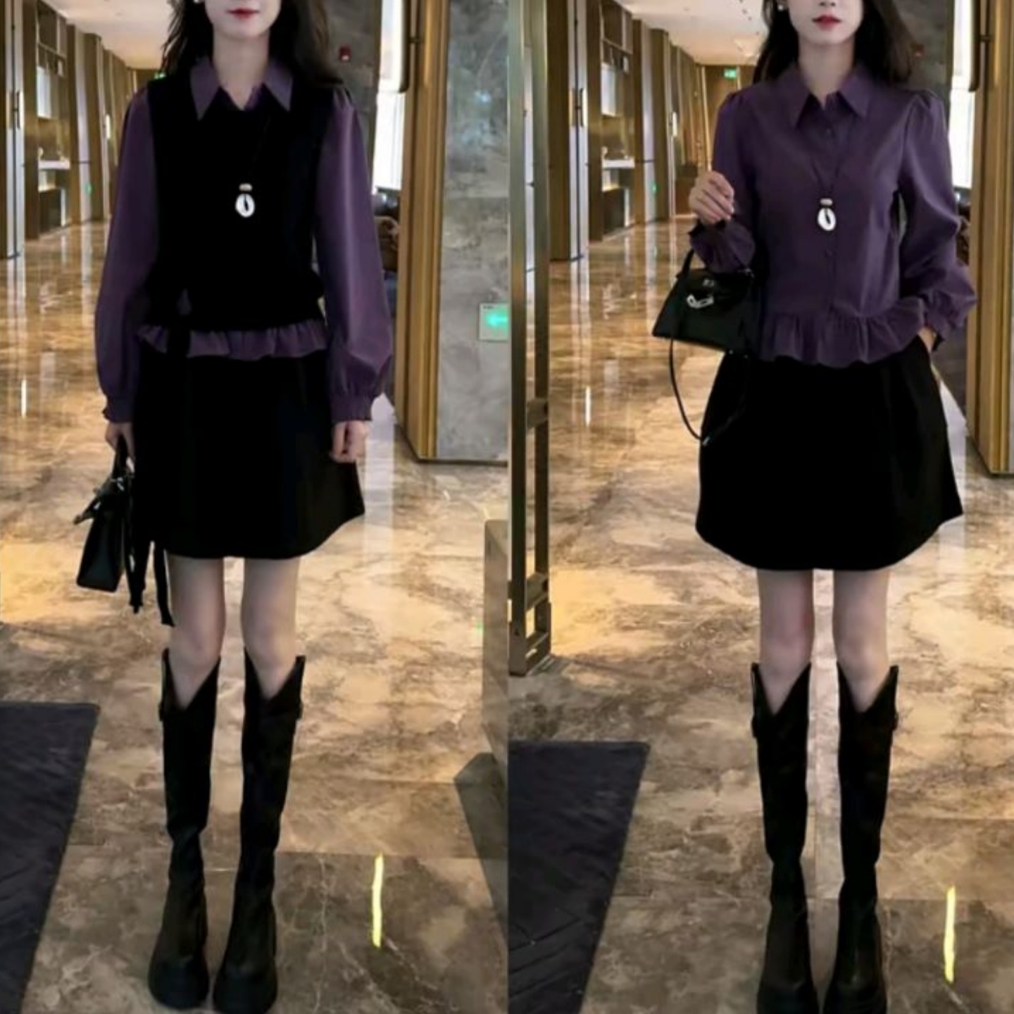 衬衫+马甲+高腰半身裙三件套潮