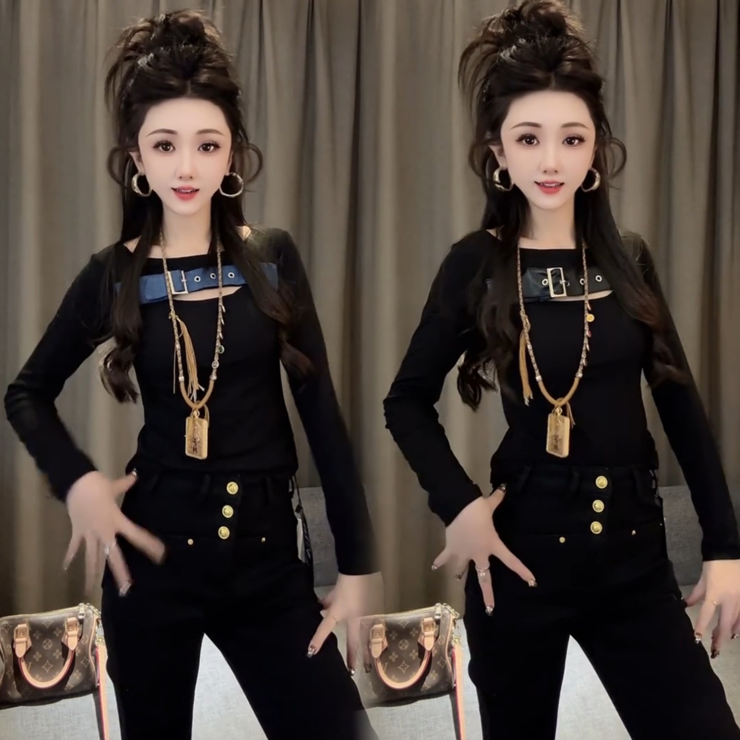 皮带装饰磨毛加绒小衫欧货打底衫