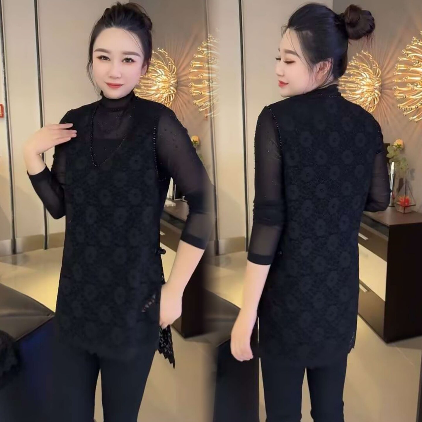 新中式重工串珠侧开叉盘扣国风蕾丝马甲+高领网纱烫钻打底衫两件