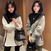 洋气时髦休闲中长款 韩版 针织披肩圆领长袖 2025秋冬季 真两件T恤衫