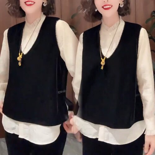 丝绒V领马甲+花边立领长袖衬衫