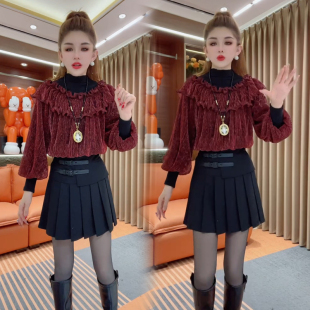 秋冬爆款欧货加厚半高领荷叶边网纱拼接亮丝灯笼袖加绒打底衫上衣