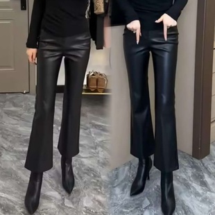 欧货高腰加绒直筒微喇叭裤九分皮裤女时尚百搭显瘦秋冬蛋白仿皮裤