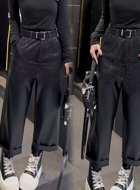 2025秋冬显瘦宽松九分加绒直筒蕾丝屁帘休闲裤蛋白皮裙裤阔腿裤女