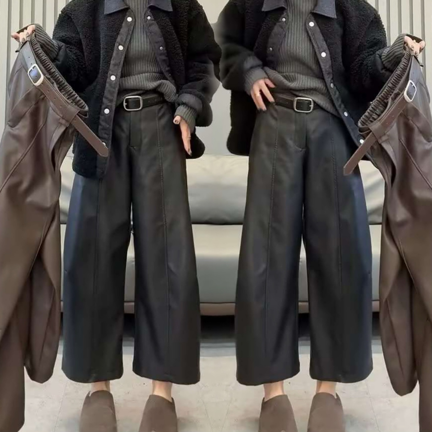 蛋白皮裤九分阔腿弯刀裤百搭靴裤