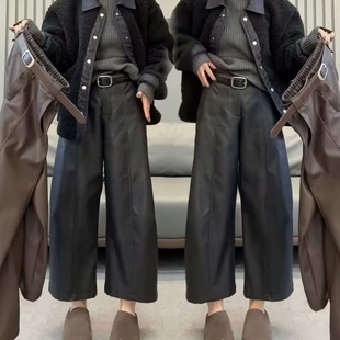 百搭洋气靴裤 九分阔腿弯刀裤 线条设计感加绒加厚蛋白皮裤 欧货皮裤