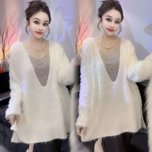 冬季洋气纯色高级感气质减龄显白长袖中长款亮片毛毛衫上衣T恤女