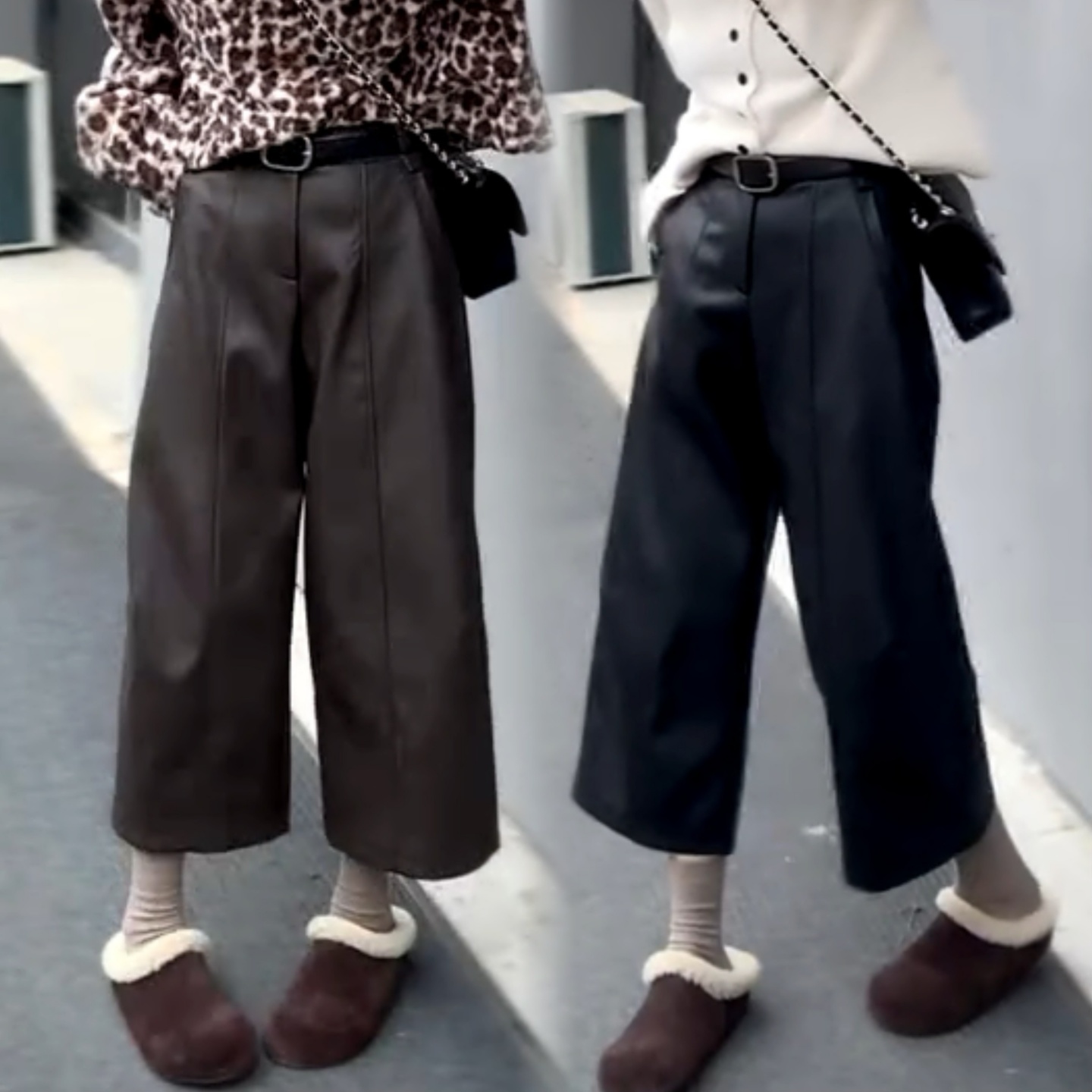 中线腰带款加绒蛋白皮裤九分裤潮