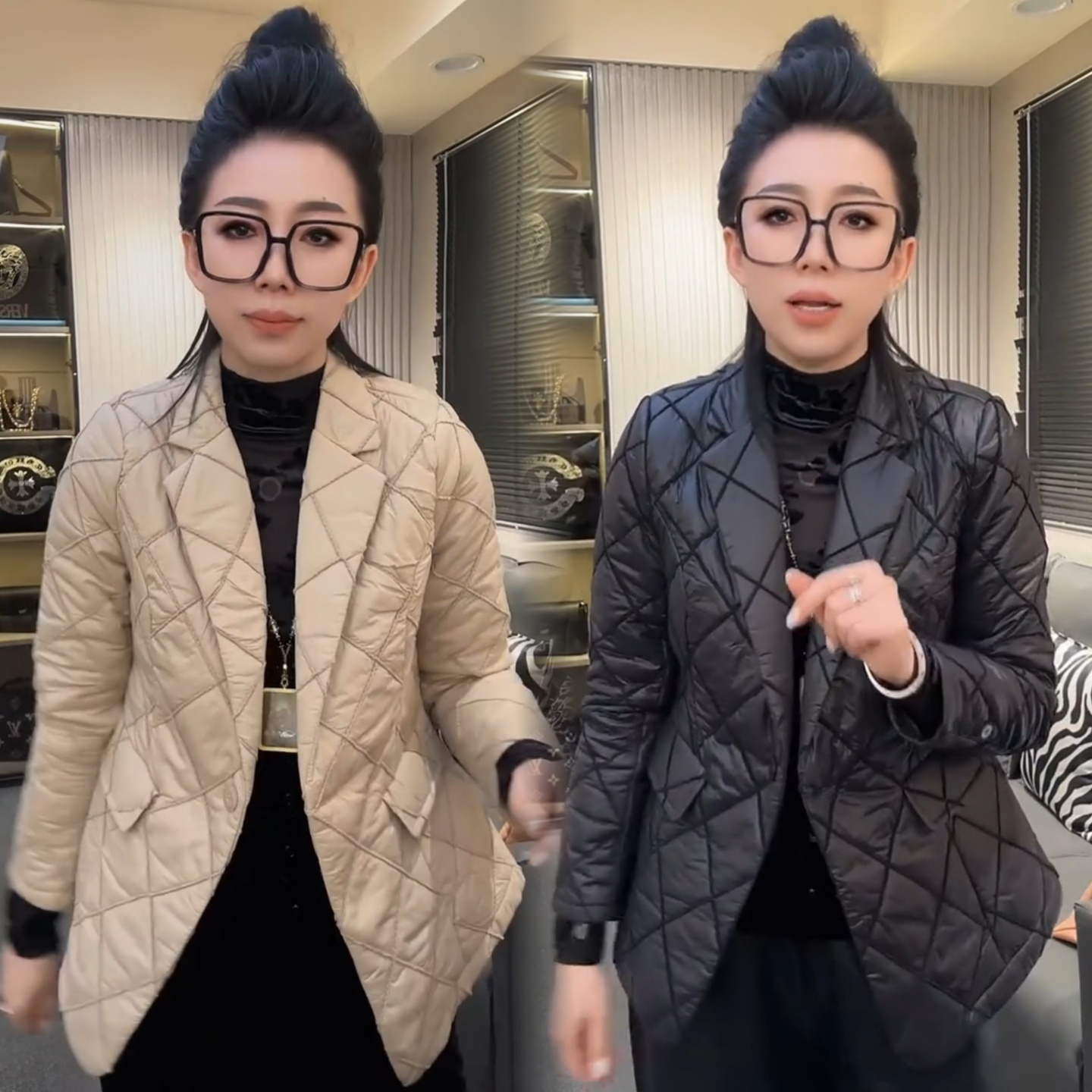 西服领绗缝格薄棉外套棉服上衣