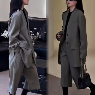 韩版V领无领西装套装女秋季宽松廓形西装外套+七分阔腿裤两件套