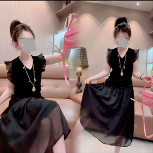 重工妃子袖网纱拼接长裙斜裁木耳边显瘦时尚洋气无袖收腰连衣裙女