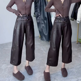 2024秋冬爆款个性双腰带高腰加绒洋气百搭休闲PU皮九分阔腿仿皮裤