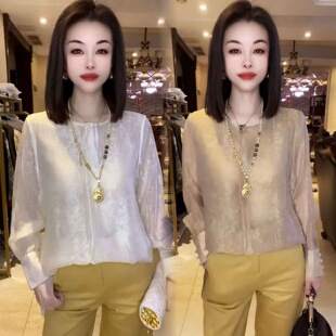 气质新中式 2026春夏季 新款 时尚 上衣女 提花极简风洋气百搭圆领衬衫