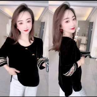 2025秋季新中式国风民族风宽松大码亮片刺绣微喇叭袖丝绒上衣衬衫