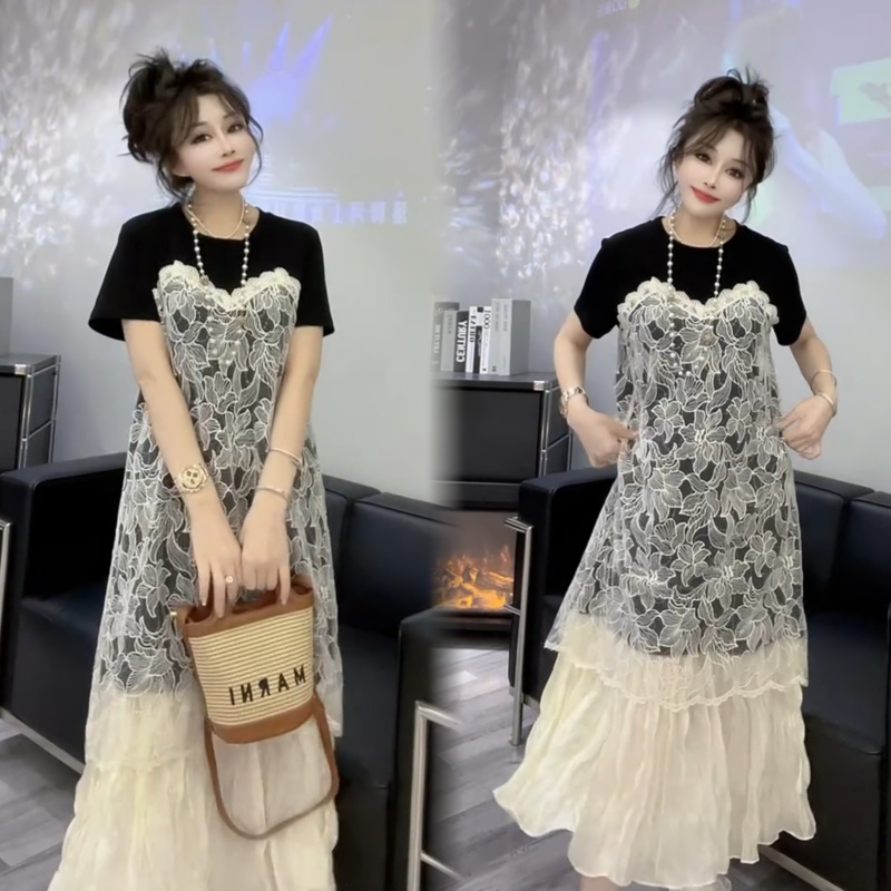 假两件蕾丝短袖减龄显白连衣裙女