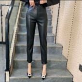 欧货秋冬黑色修身 女 加薄绒九分烟管裤 显瘦百搭水洗PU哑光皮裤 时尚