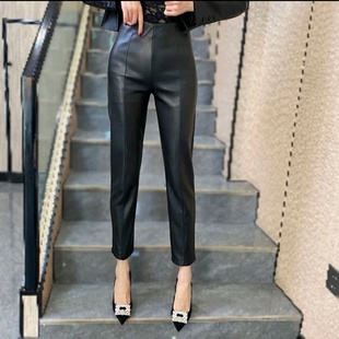 欧货秋冬黑色修身显瘦百搭水洗PU哑光皮裤时尚加薄绒九分烟管裤女