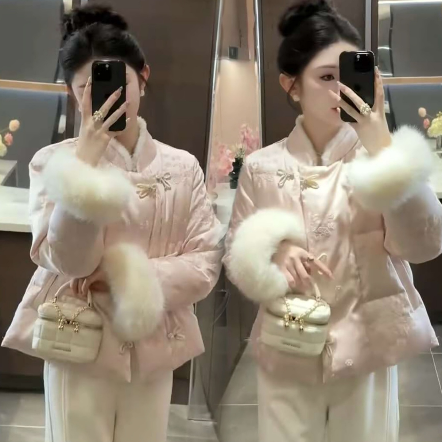 刺绣国潮风盘扣毛毛袖棉服短外套