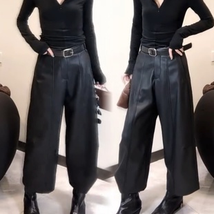 欧货秋冬中线设计感九分加绒皮裤蛋白皮中线阔腿休闲裤百搭潮裤