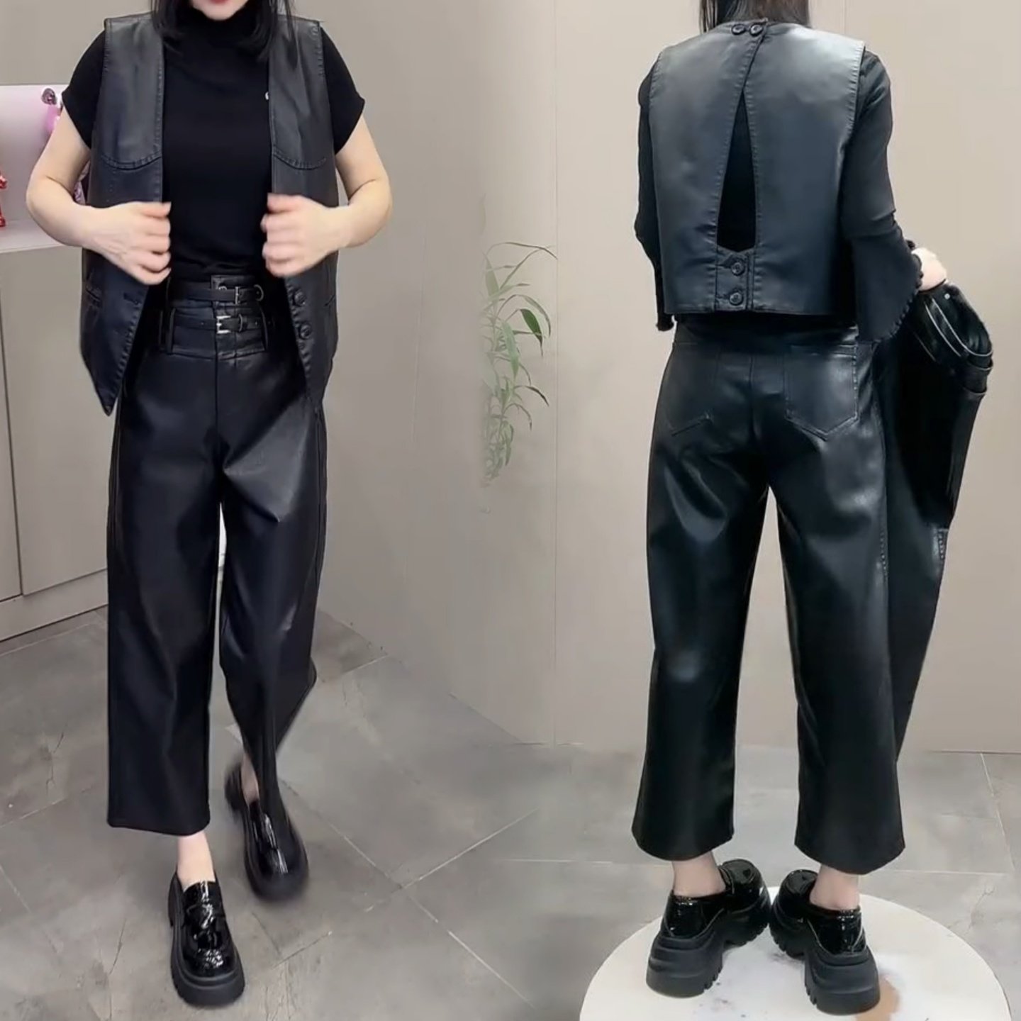 2025高级感秋季新款双腰带时尚蛋白皮裤百搭八分PU皮洋气阔腿裤女,女装/女士精品,休闲裤,淘宝优惠券,粉丝福利购,淘宝优惠卷