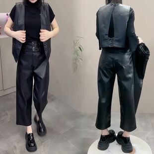 百搭八分PU皮洋气阔腿裤 2025高级感秋季 蛋白皮裤 双腰带时尚 女 新款