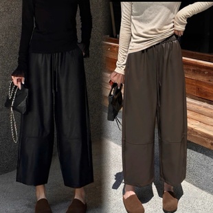 2025秋冬简约新款宽松百搭松紧腰休闲直筒九分蛋白皮高腰加绒皮裤