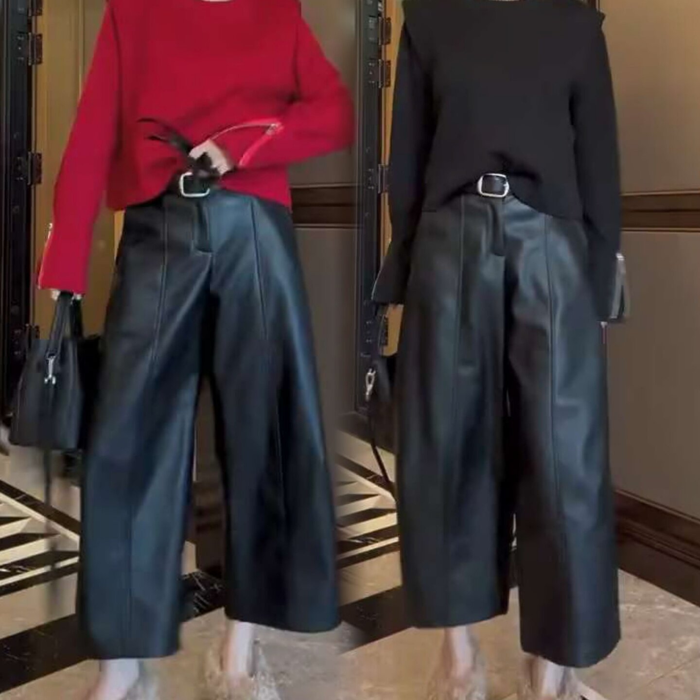 冬季时尚百搭高级感腰带款加绒蛋白皮裤九分阔腿直筒PU皮休闲裤女,女装/女士精品,休闲裤,淘宝优惠券,粉丝福利购,淘宝优惠卷