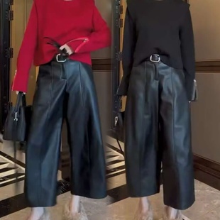 冬季时尚百搭高级感腰带款加绒蛋白皮裤九分阔腿直筒PU皮休闲裤女