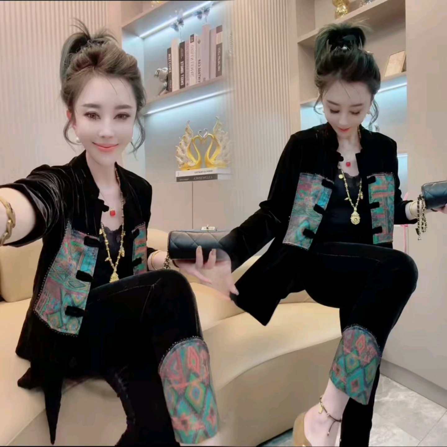 晕染花拼接丝绒盘扣外套裤子套装