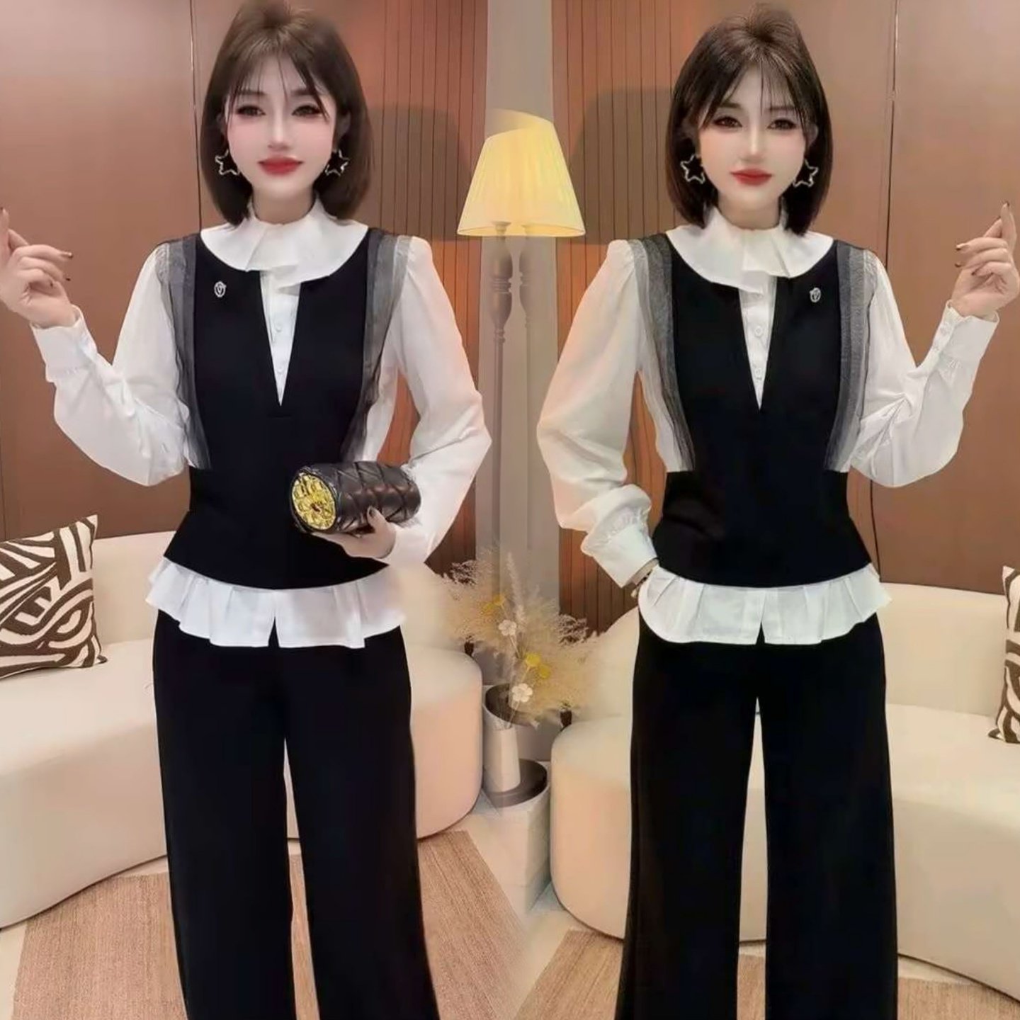 2026春新款时尚洋气减龄假两件娃娃领衬衫上衣宽松阔腿裤两件套装,女装/女士精品,时尚套装,淘宝优惠券,粉丝福利购,淘宝优惠卷