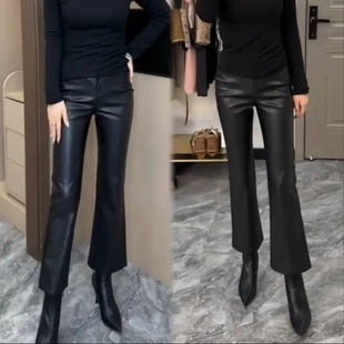 2025冬季时尚百搭pu休闲微喇裤加薄绒纯色高级感蛋白皮裤九分裤子