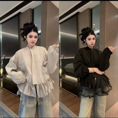 网纱花边拼接下摆立领外套上衣