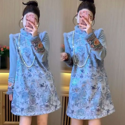 无袖毛毛边加绒马甲裙打底衫