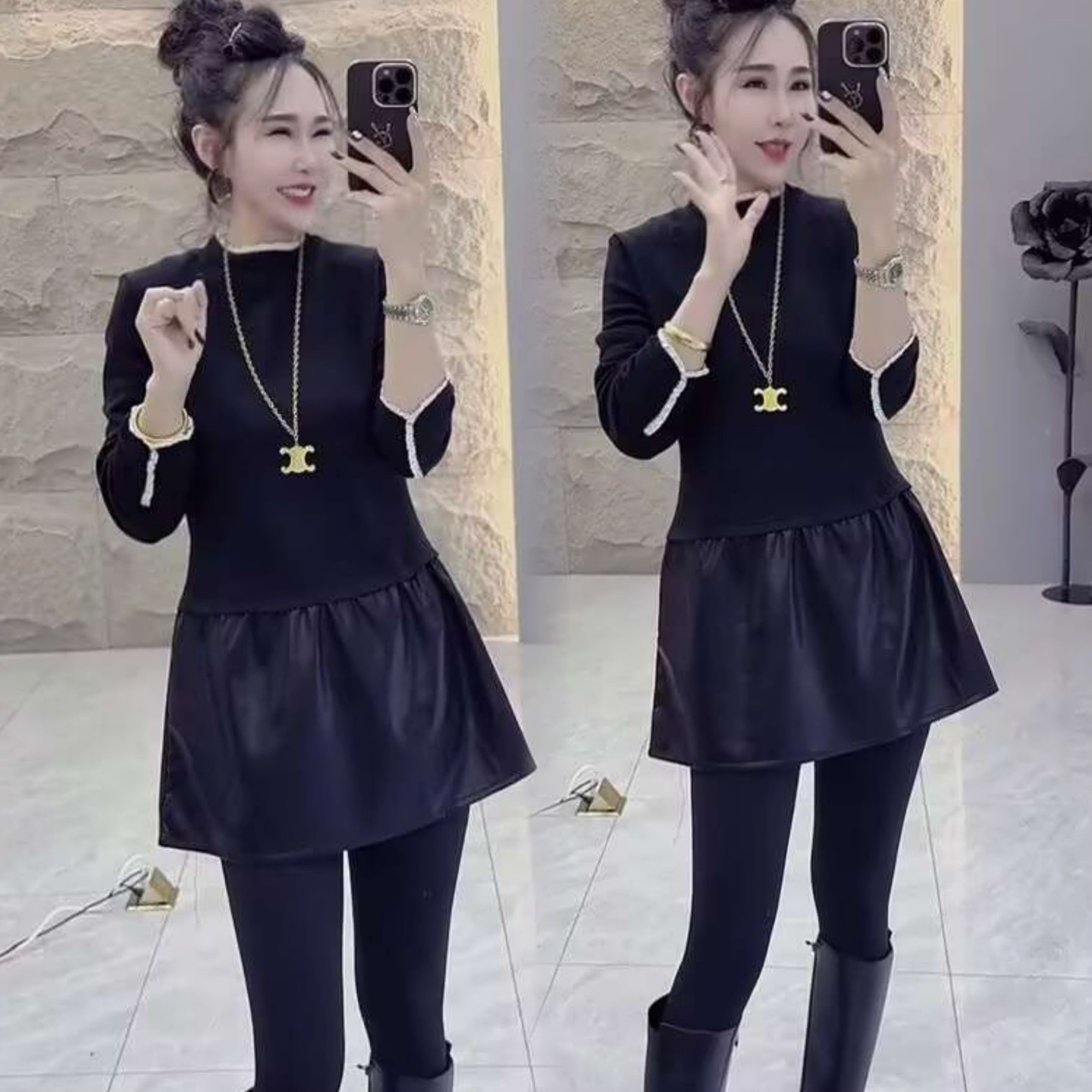 大码洋气纯色气质磨毛拼皮连衣裙