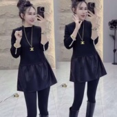 秋冬季 洋气纯色气质磨毛拼皮连衣裙 大码 爆款 时髦显瘦小众设计时尚