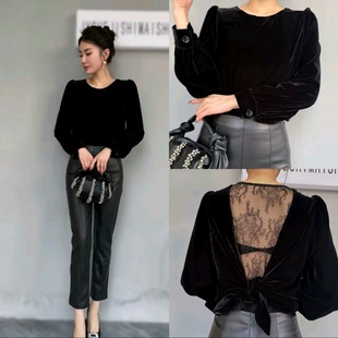 女九分蛋白皮裤 衬衫 打底衫 黑色蕾丝美背丝绒上衣女秋小风风灯笼袖