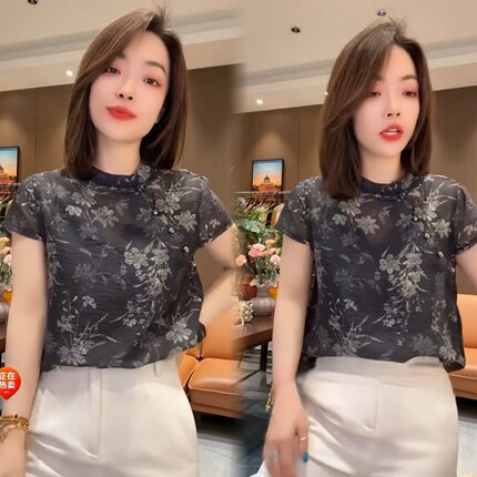 2025夏季薄款新中式复古素色雅致花朵盘扣轻薄国风衫短袖上衣女