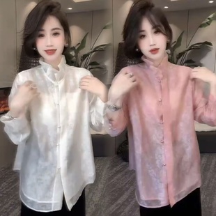 2026新款欧货设计感天丝云朵双层蕾丝里衬花苞立领叠穿衬衫上衣女