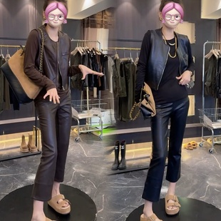 欧货秋冬新款松紧万能腰PU蛋白皮裤百搭显瘦微喇叭皮裤九分裤子女