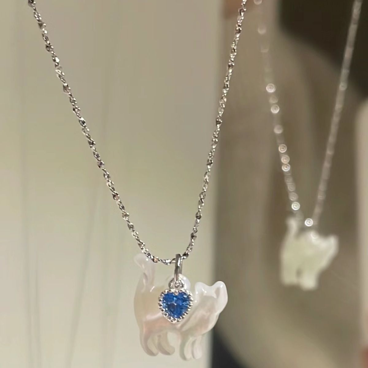 可爱爱心锆石小猫吊坠项链s925银猫咪百搭饰品颈饰女生不掉色