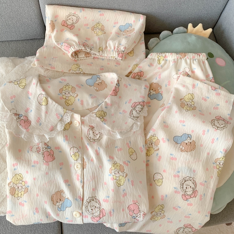 睡衣春夏少女短袖纯棉领云朵大码日系甜美女花边娃娃mikko三件套