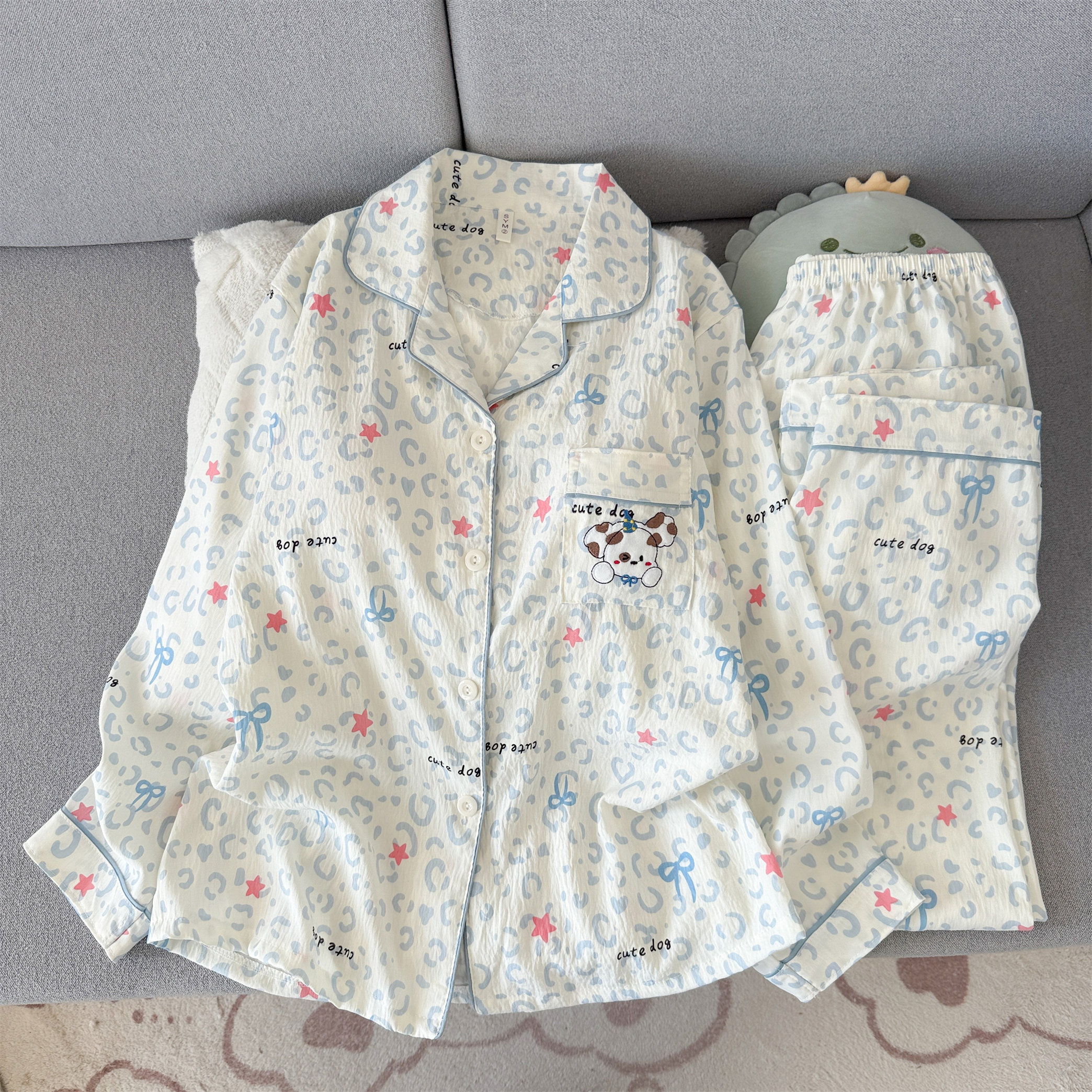 大码女生翻领开衫睡衣云朵棉简约宽松长袖长裤亲肤柔软居家服套装