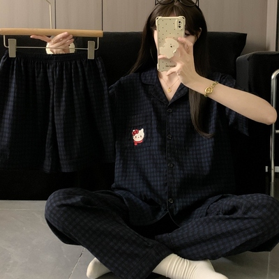 套装三件女短袖感黑春夏季日系格子猫高级高级感蓝睡衣HelloKitty