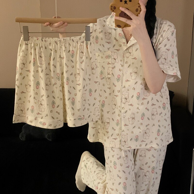 卡通兔子可爱棉麻大码睡衣春秋女款夏季纱布短袖宽松家居服三件套