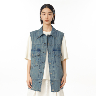 纯棉设计师中长款 新款 MOVEUP幻走2025春季 牛仔马夹女 商场同款