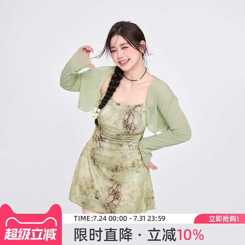 agliondy长袖大码泳衣微胖女孩遮肉显瘦2025新款保守胖mm度假大胸