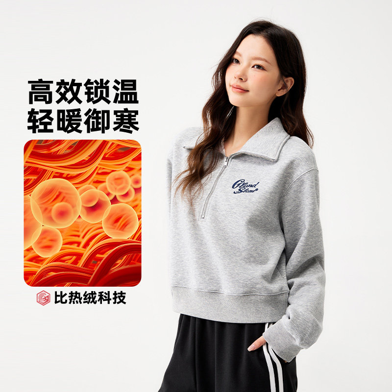 361运动卫衣女2026秋冬新款女士加绒保暖半开襟短款卫衣宽松上衣