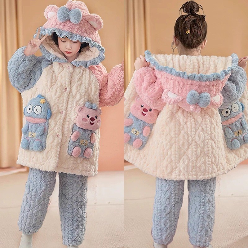 女童睡衣冬季2025新款套装加厚款珊瑚绒三层秋冬款儿童女孩家居服